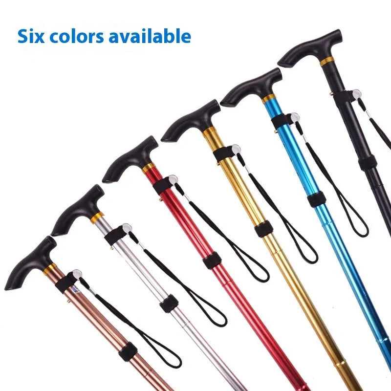Aluminium folding walking stick adjusted to mid-length, showing non-slip rubber tip.