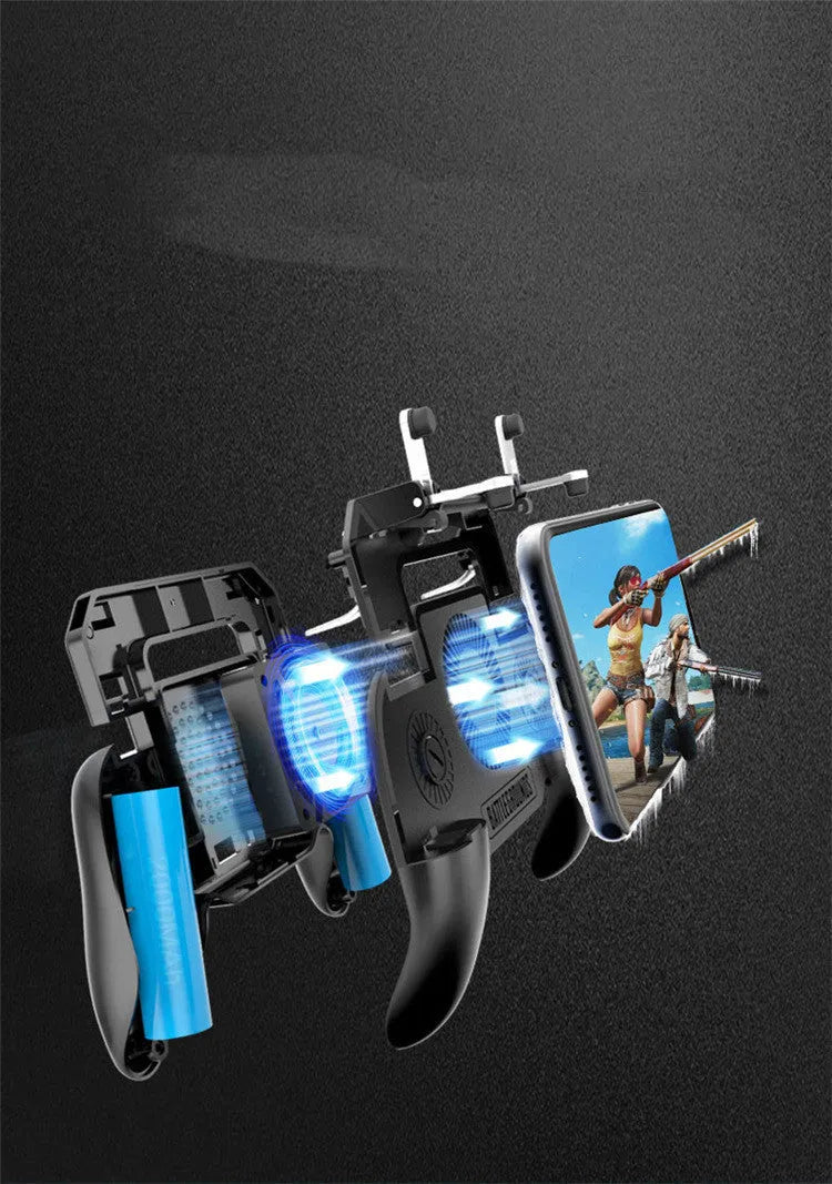 Black mobile game controller with USB connector for smartphones on a table.
