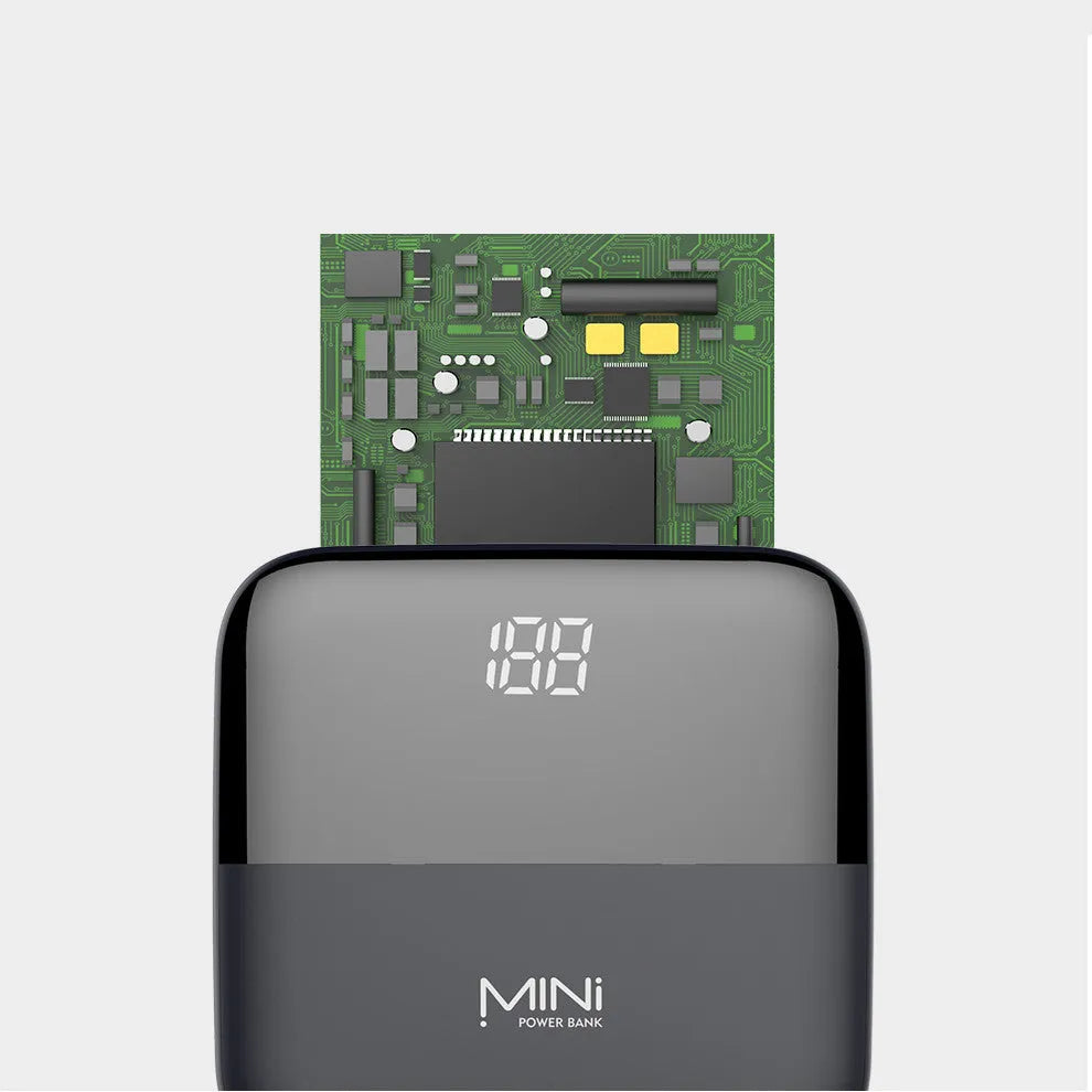 Black 10000mAh portable power bank with digital display showing battery percentage and dual USB ports.