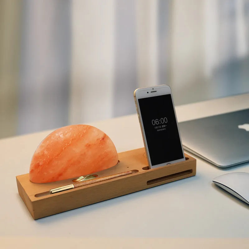Sunrise Oriental wireless charging salt lamp with natural crystal shade on beech wood base
