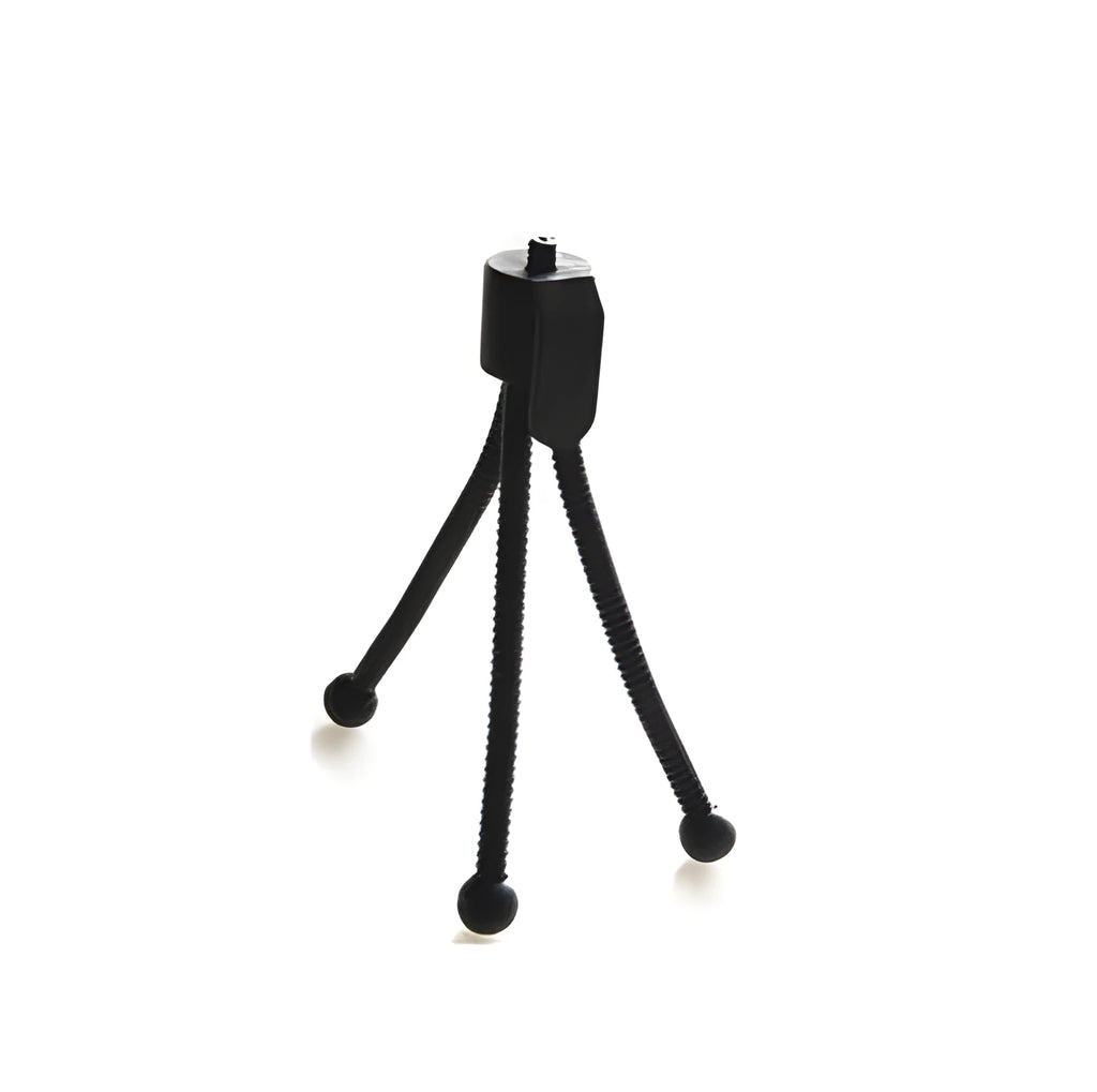 Small black iron frame mini tripod with ball head, shown folded and extended next to a smartphone.