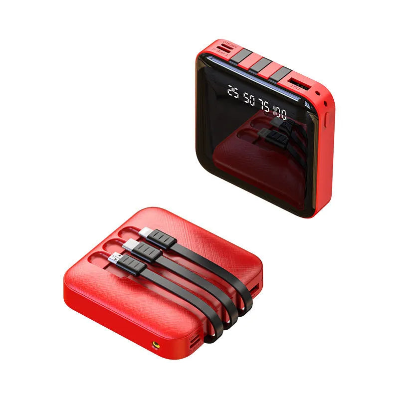 Black square power bank with a built-in USB charging cable, showing 80mm width.