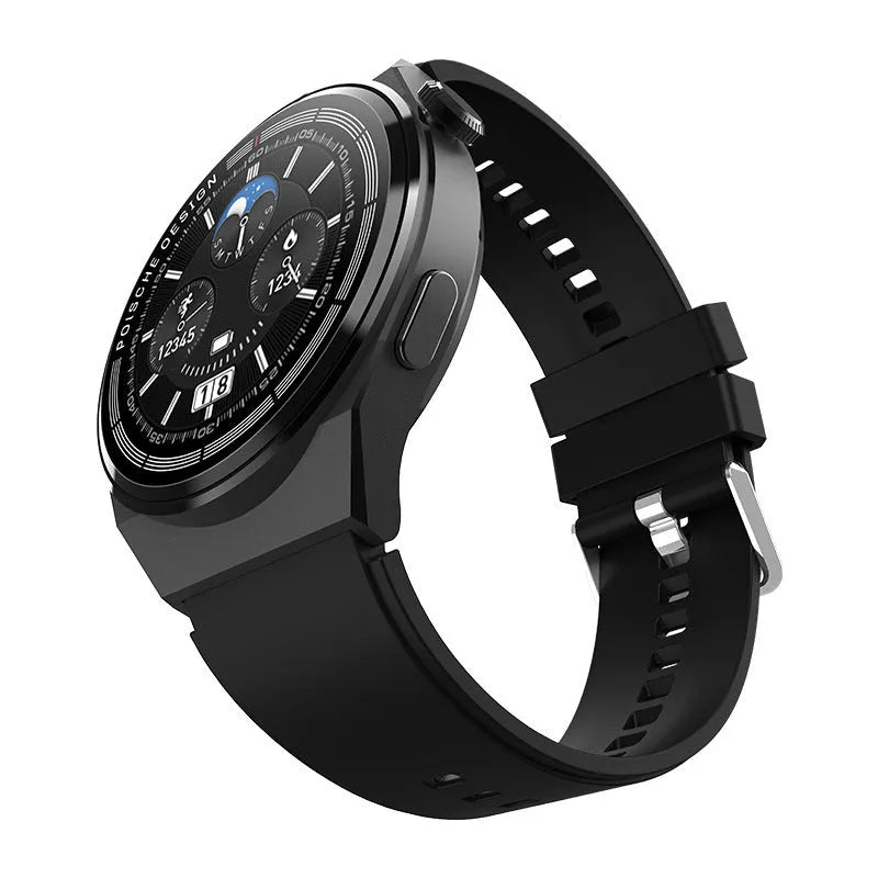 Circular black smartwatch with a 1.39-inch screen on a silicone wrist strap