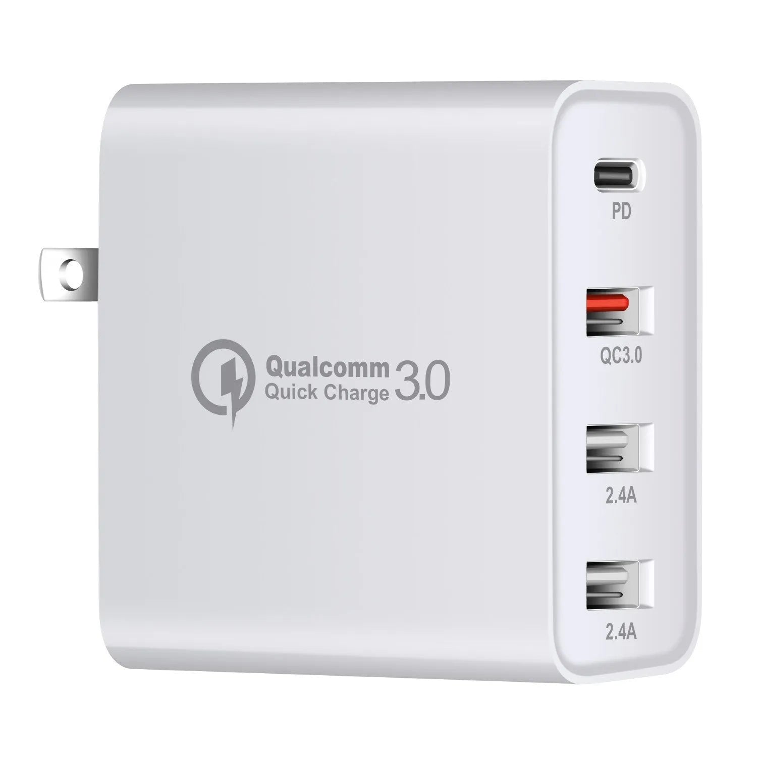 Black and white 48W four-port USB-C charger with UK, US, EU, and AU plug adapters