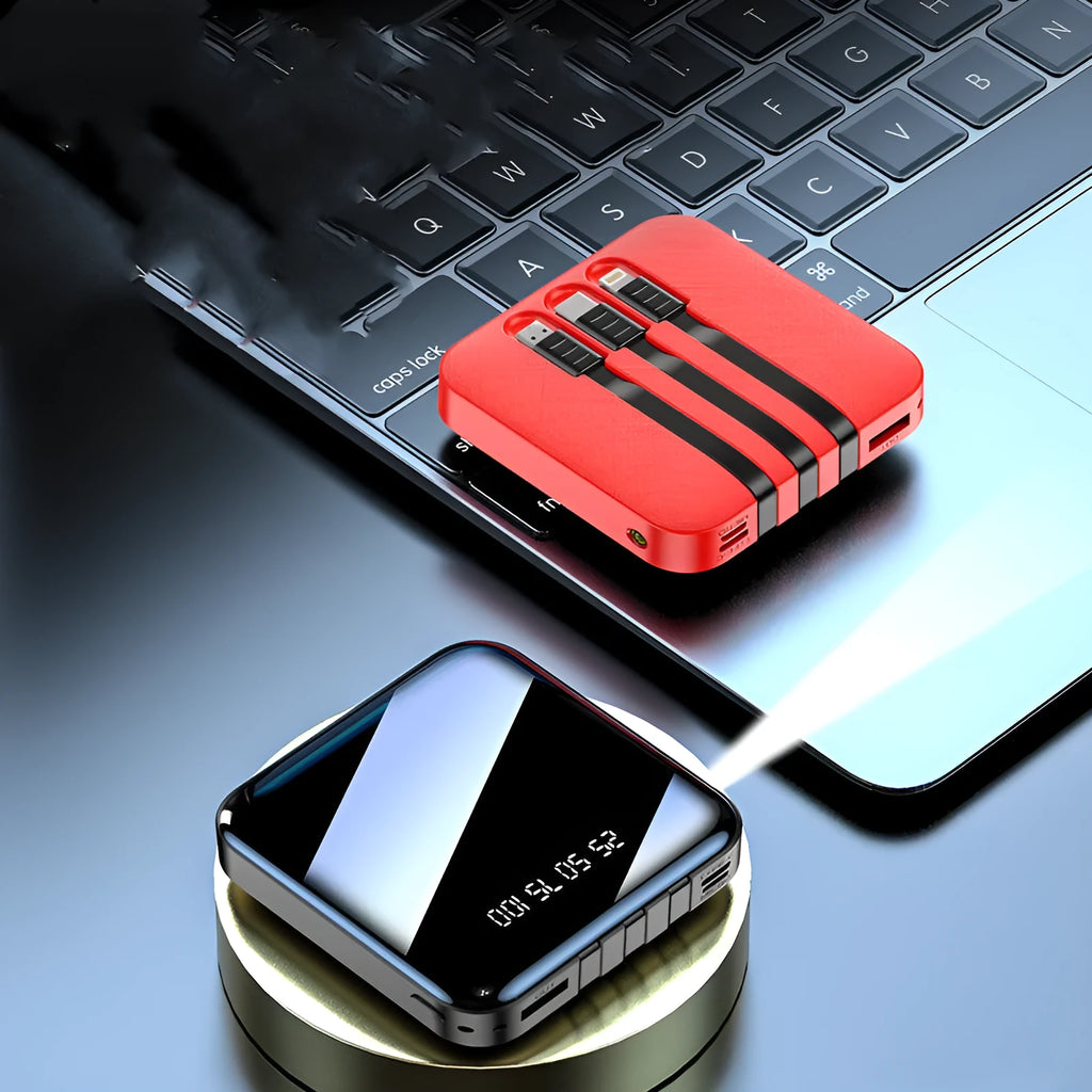 Black square power bank with a built-in USB charging cable, showing 80mm width.