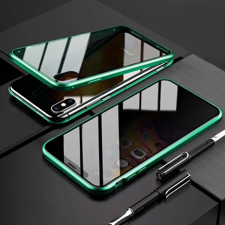 Black anti-peeping magnetic clamshell phone case for Samsung Galaxy showing privacy screen and magnetic closure