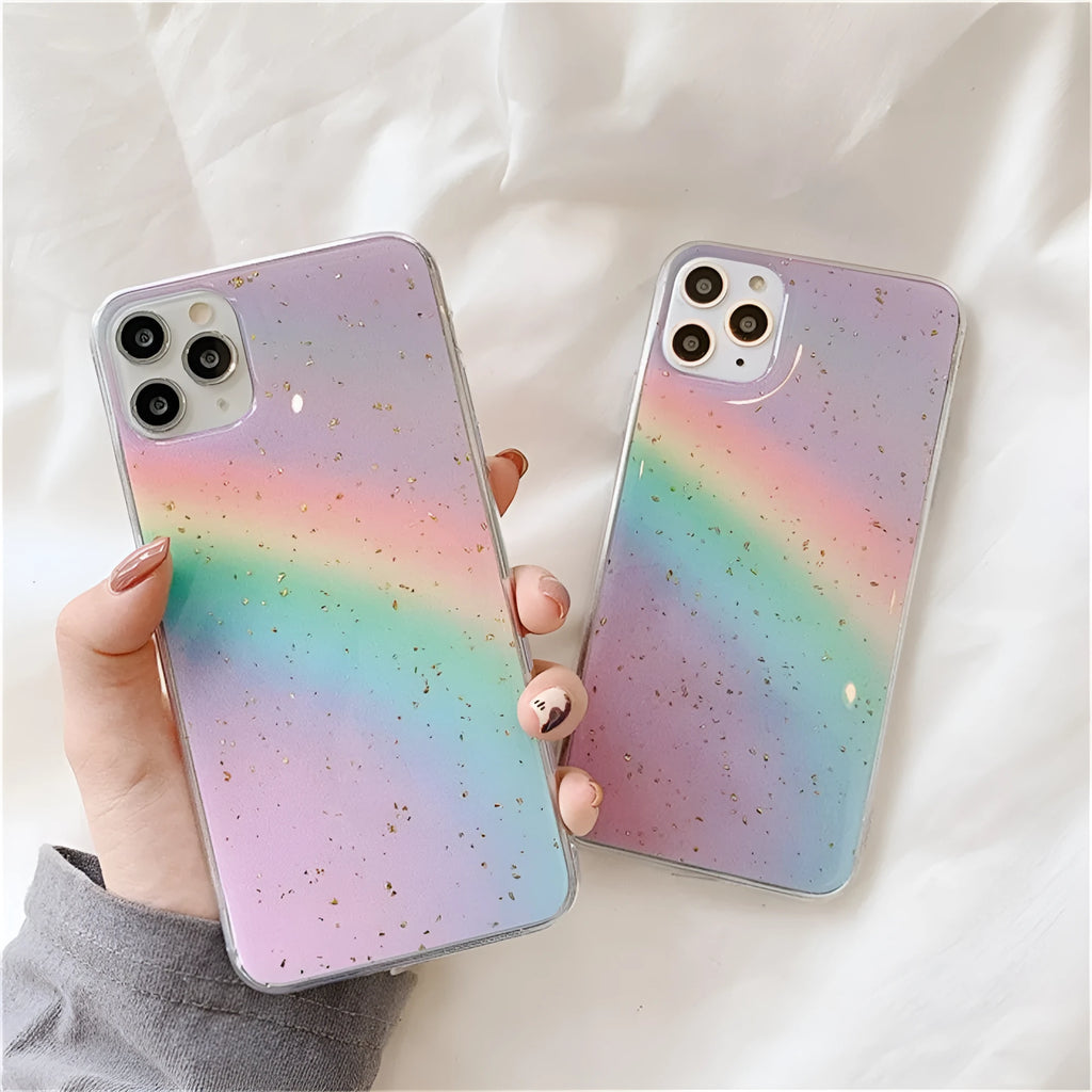 Rainbow gradient striped TPU hard protective case for iPhone on a white background.