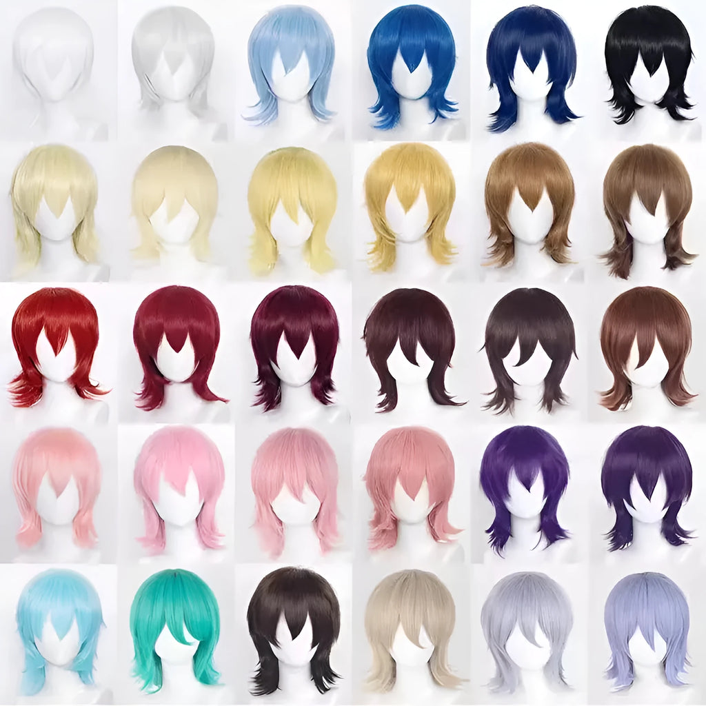 Short anime-style cosplay wig with a lengthened hair tail on a display stand.