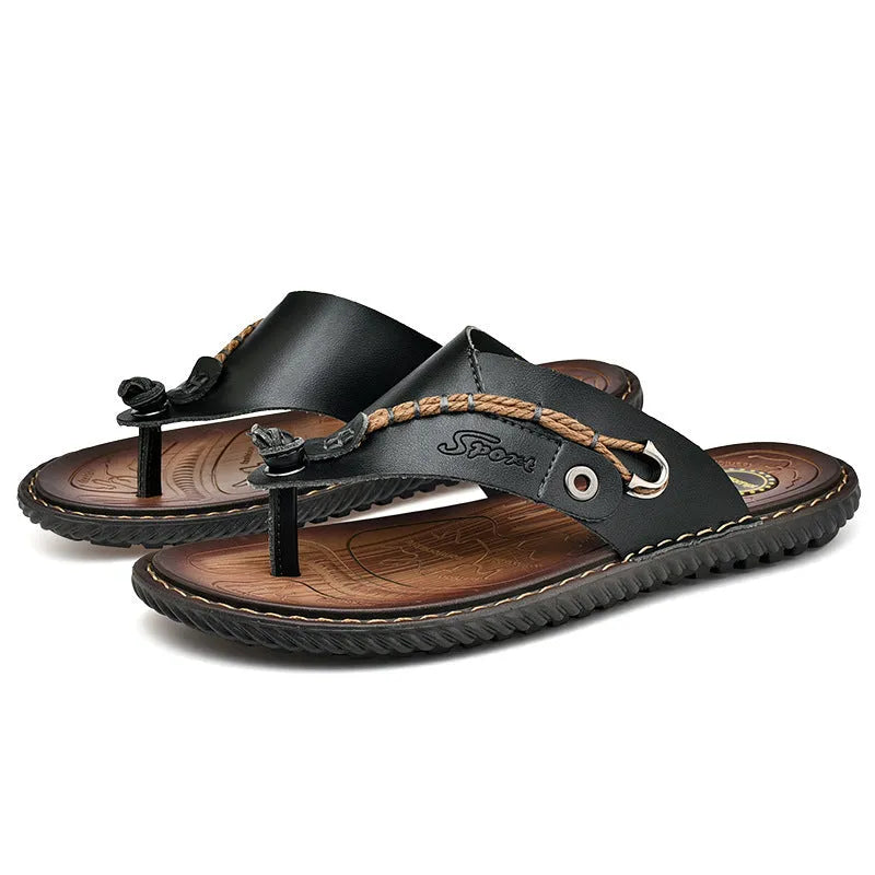 Men's black PU leather casual slippers with non-slip sole, shown on a white background