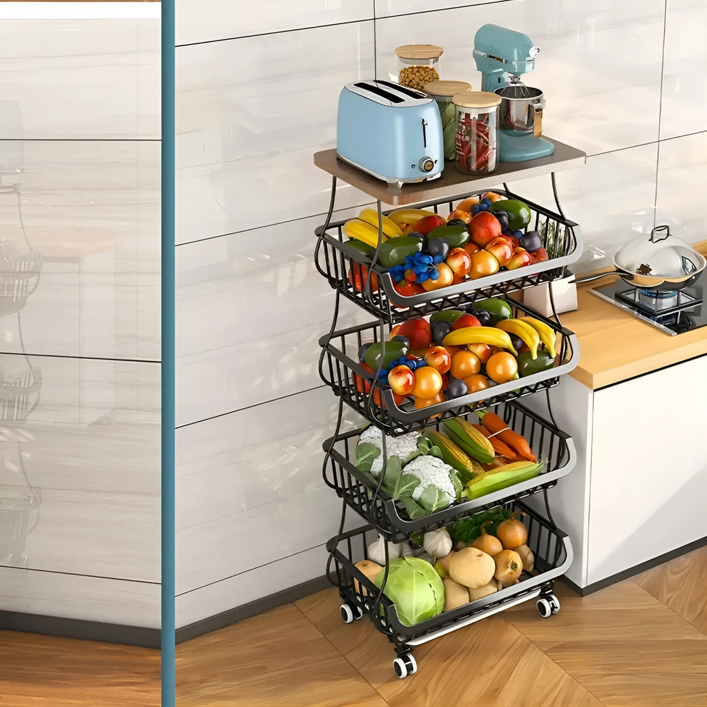 Black six tier floor standing kitchen storage trolley with open shelves