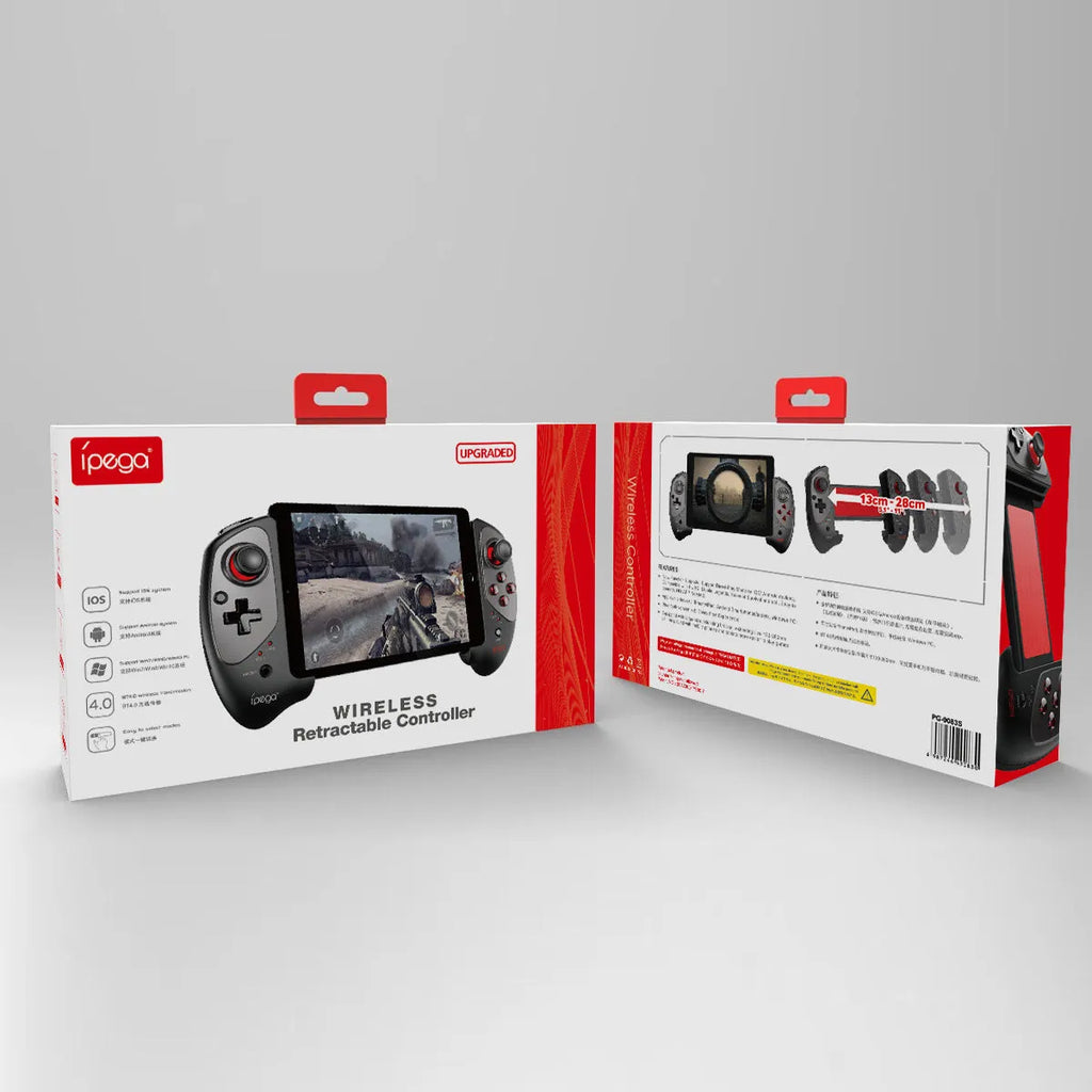 Red telescopic Bluetooth gamepad controller for Android iOS and PC gaming with USB cable