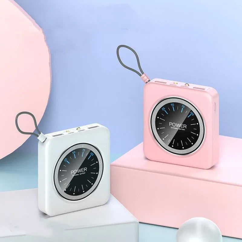 Mini clock charger portable power bank in an alloy case, shown in mint green, with multiple USB output ports.