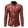 Men's casual cardigan shirt with a metallic bronzing print on the lapel, available in multiple colours.