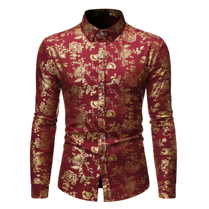 Men's casual cardigan shirt with a metallic bronzing print on the lapel, available in multiple colours.