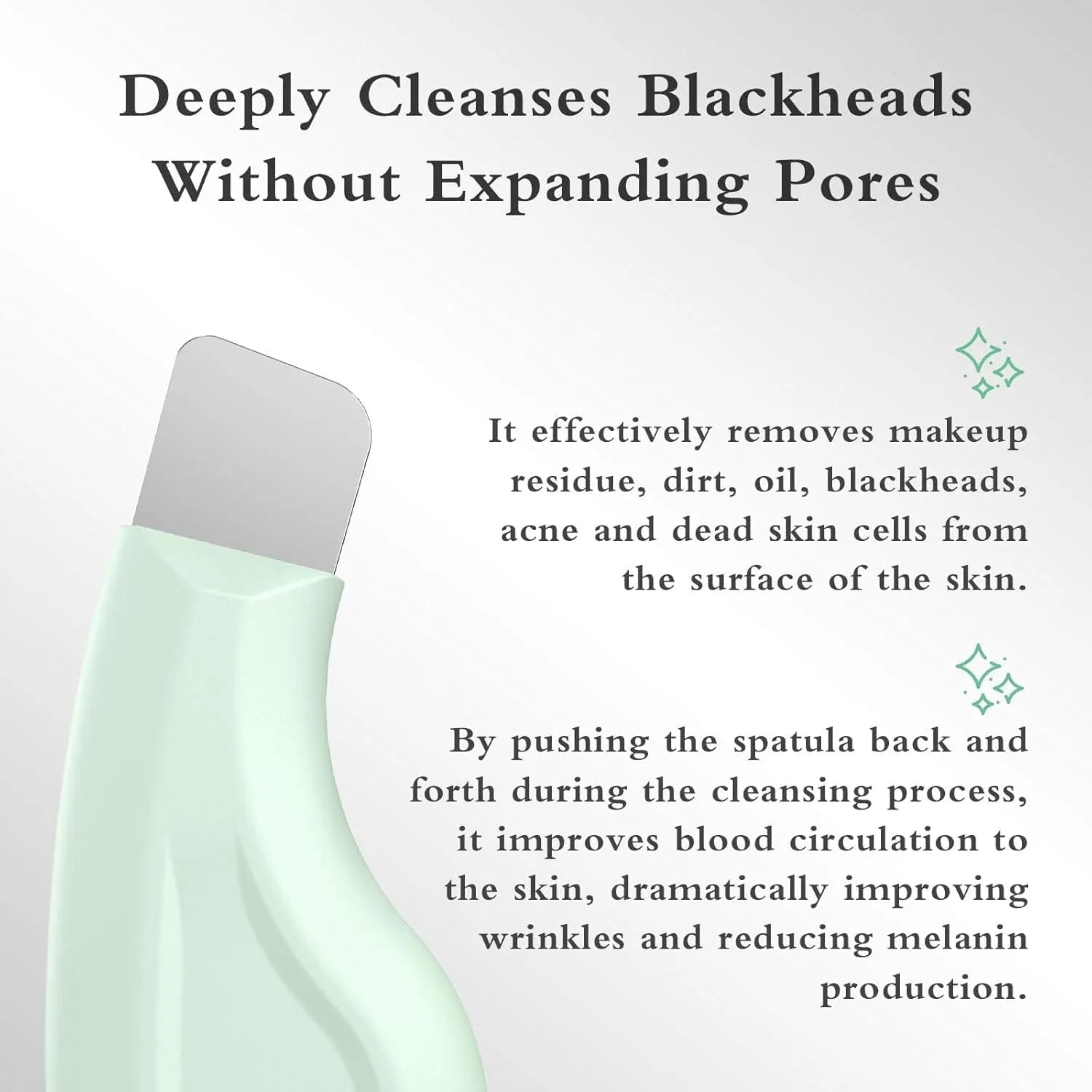 Stainless steel blackhead scraper tool with a non-slip handle for facial pore cleaning.
