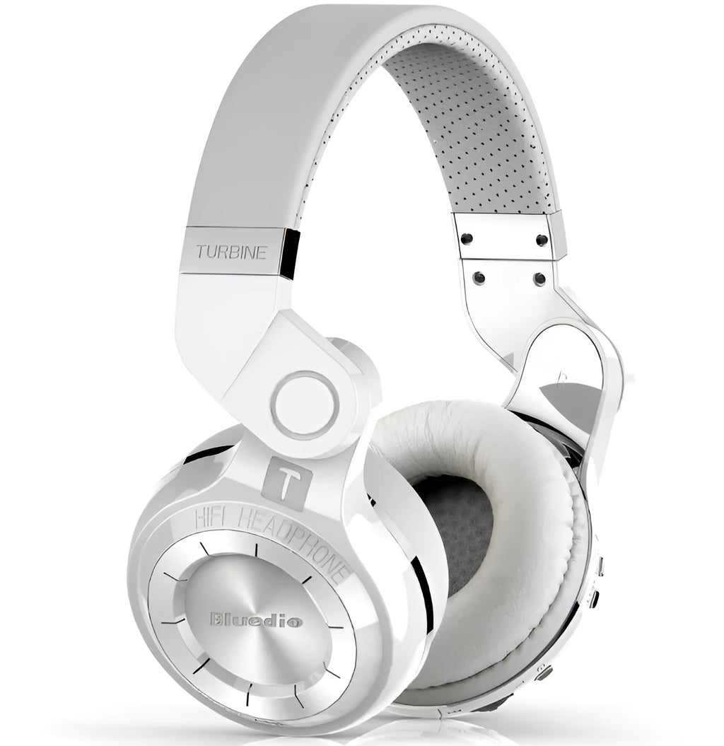 Blue String T2 black and white Bluetooth headphones with folding metal arms and a 1.5m audio cable.