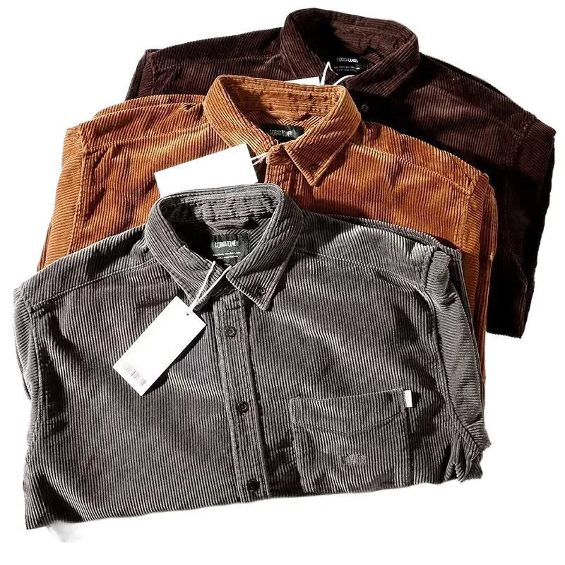 Loose fit corduroy long sleeve shirt in caramel colour, cardigan style with button front