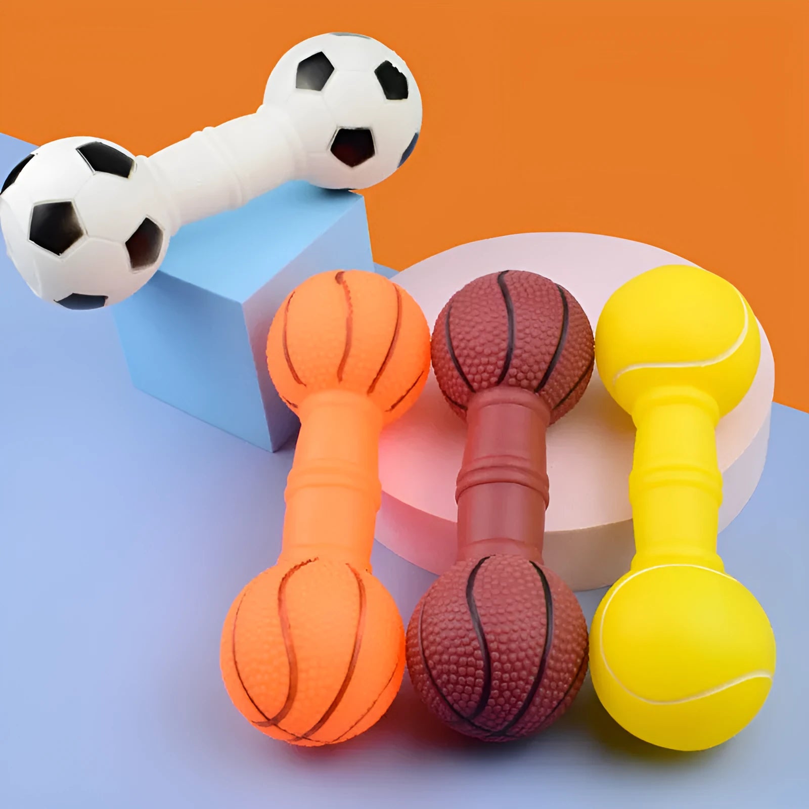PVC football dumbbell shaped squeaky dog toy in four colour options
