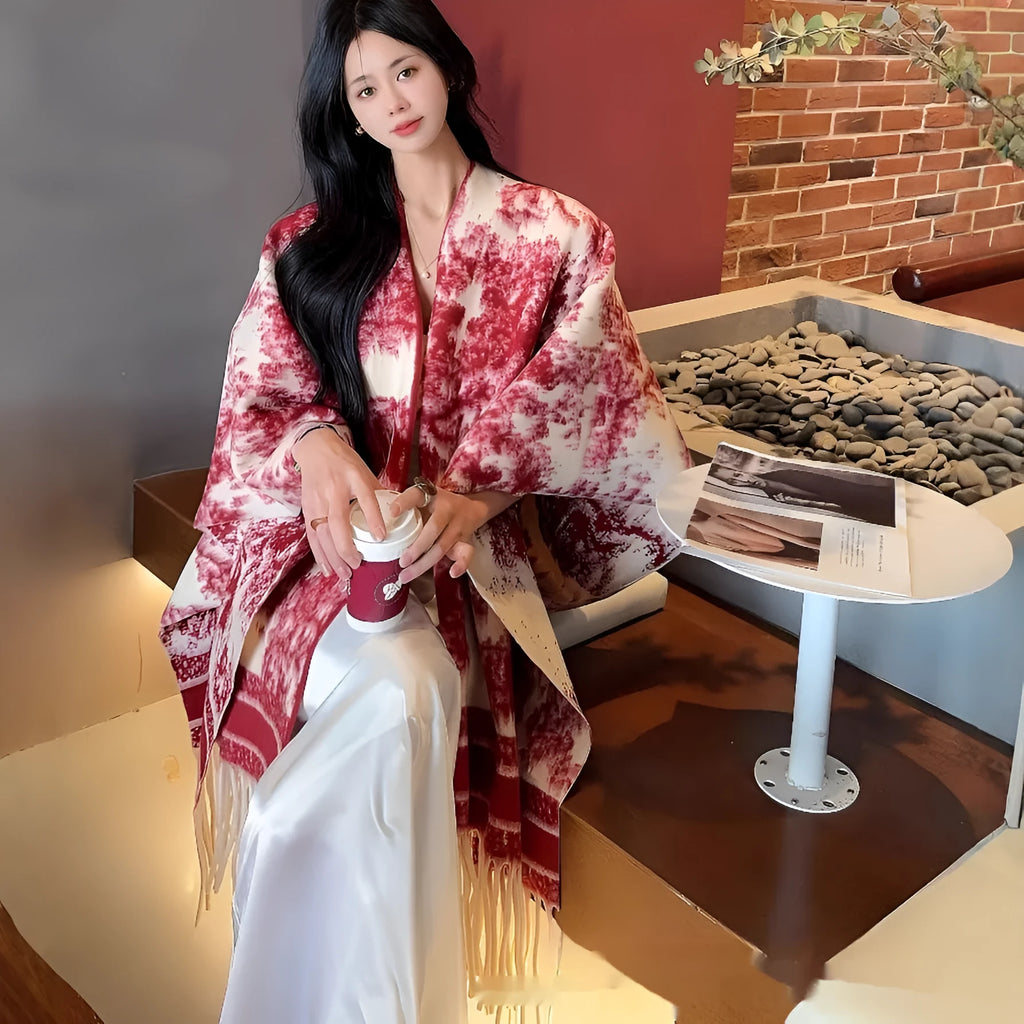 Women's polyester scarf cape with tassel trim in free size shawl style