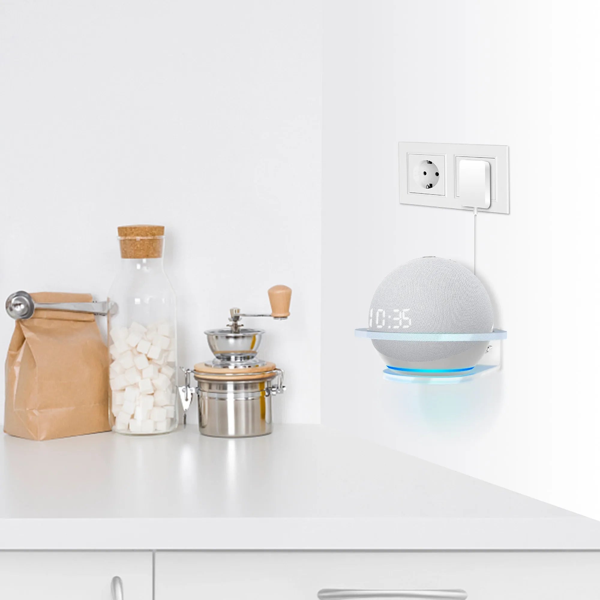 White plastic wall mounting bracket for Amazon Echo Dot 4th generation smart speaker