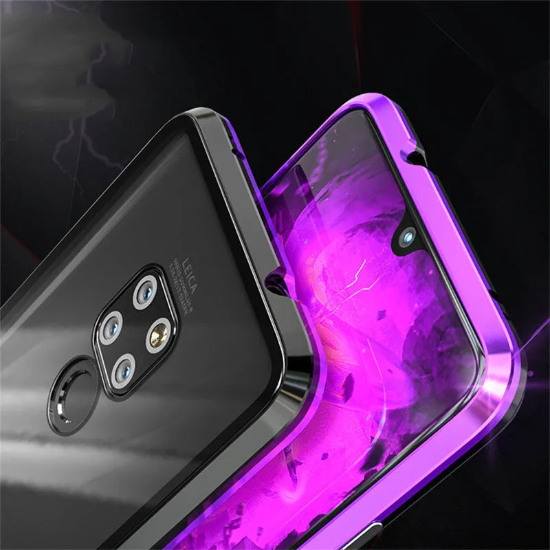 Huawei magnetic phone case with metal frame and tempered glass back in black, blue, red, or white