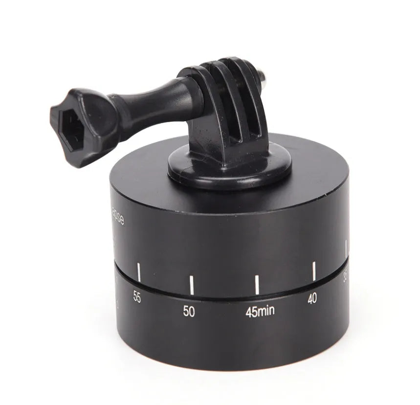 360-degree auto rotate camera tripod head base on a tripod with a GoPro camera attached