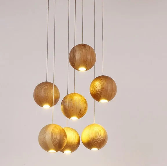 Nordic style solid wood ball chandelier ceiling pendant light with adjustable drop