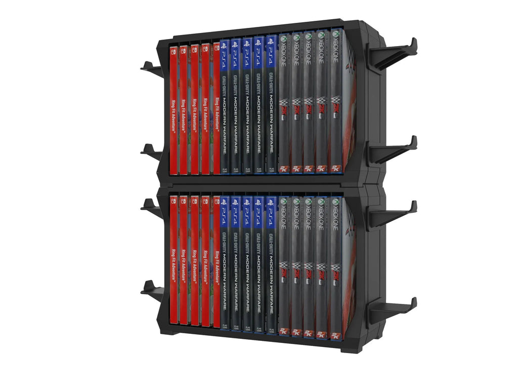 Black PS5 disc holder for multiple consoles with controller stand slots