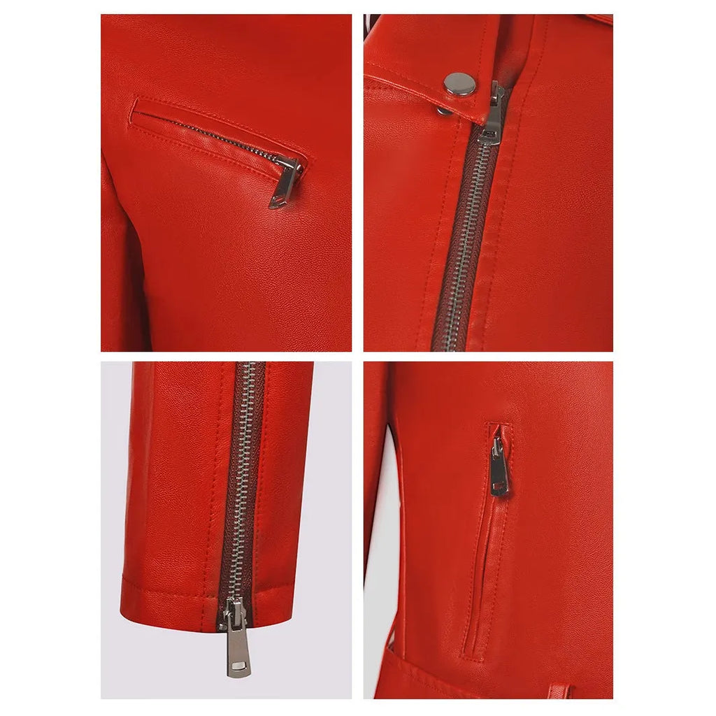 Women's red PU leather short jacket with a lapel collar and waist belt fastened.