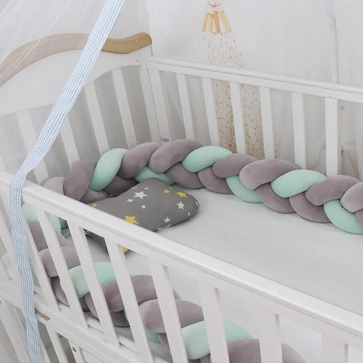Braided knot crib bumper cushion in spandex velvet protecting infant cot sides