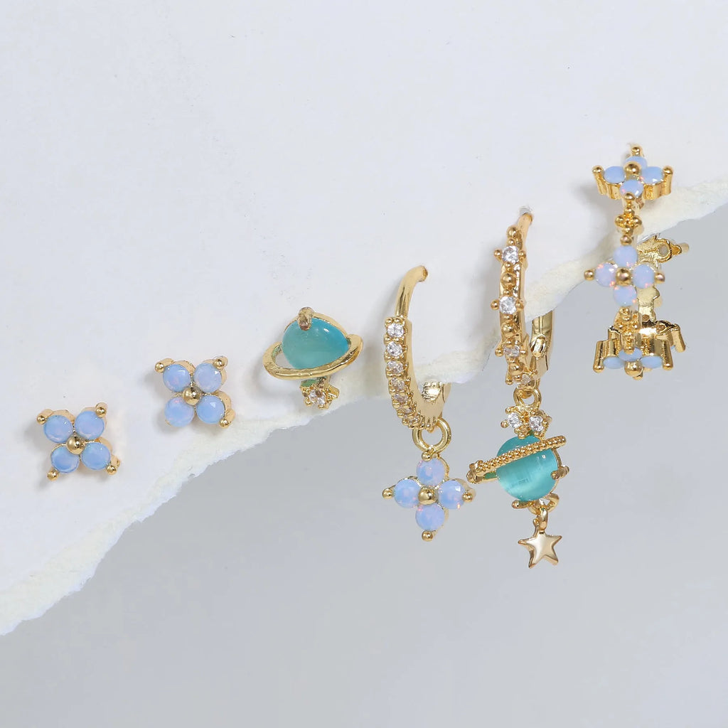 Flower design ear studs with zircon mosaic detail in gold and silver colours