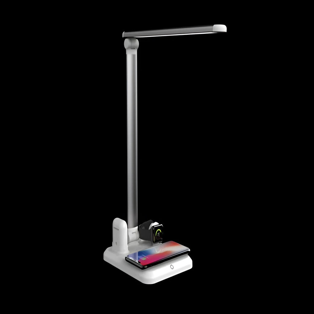 Black or white X-1 4-in-1 LED desk lamp showing wireless charging surface and USB port
