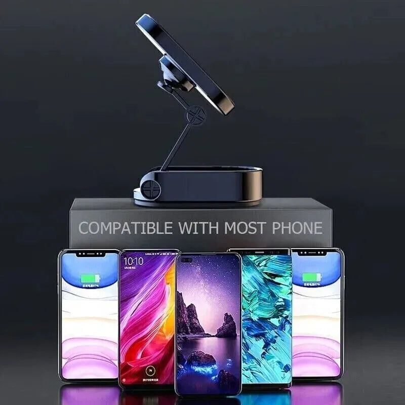 Chrome magnetic car phone holder with folding bracket extended on dashboard
