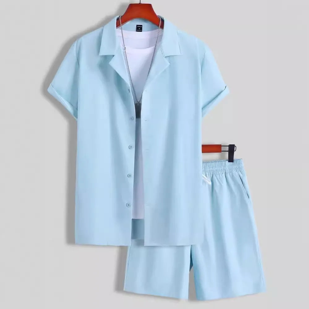Men's short sleeve Cuban collar sport suit with matching shorts in thin polyester fabric