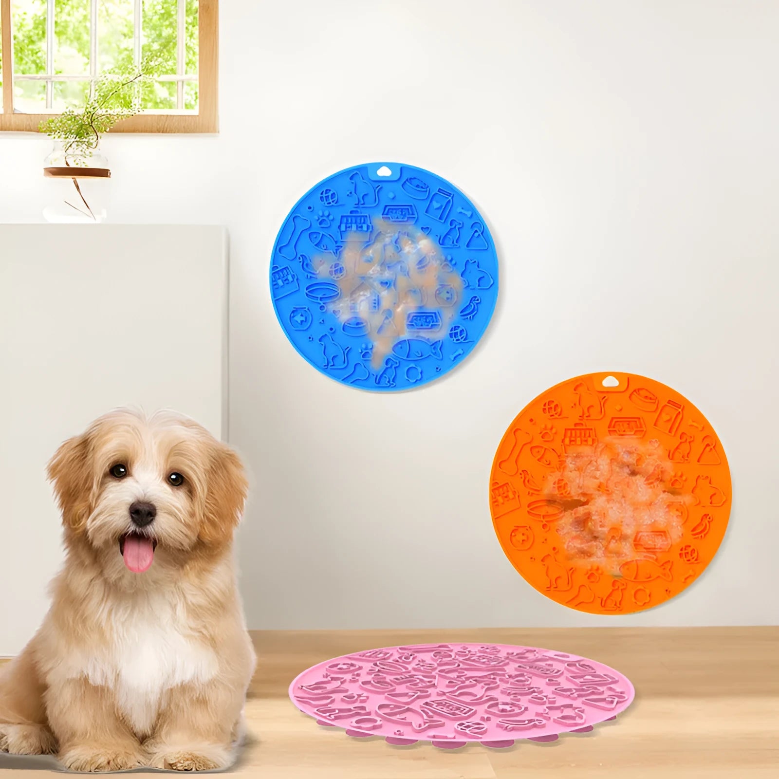 Round blue silicone pet licking mat with textured surface and a white suction cup on the base.