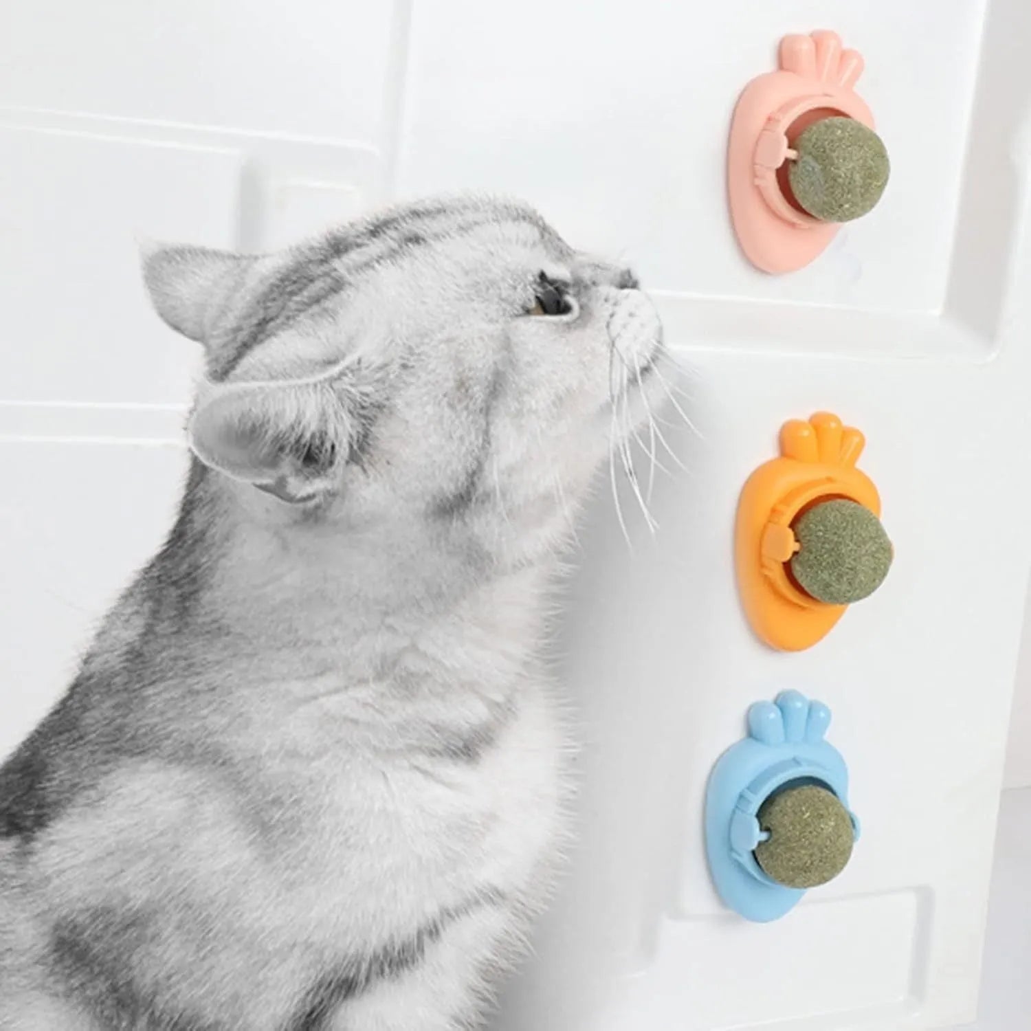 Blue carrot-shaped self-adhesive catnip ball toy for wall mounting and feline dental care.