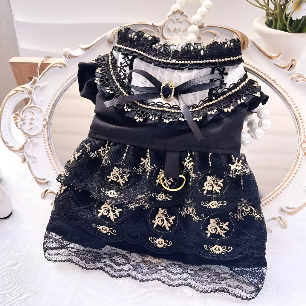 Golden Gothic princess skirt costume for a small dog or cat on a mannequin