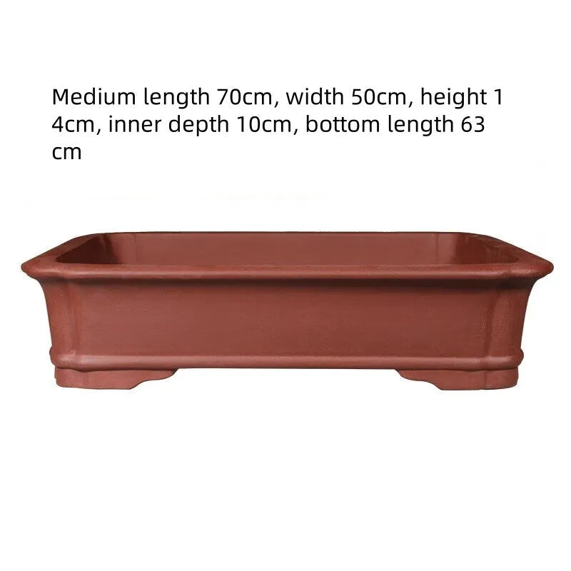 Large rectangular handmade purple clay bonsai pot shown in three available size variations.