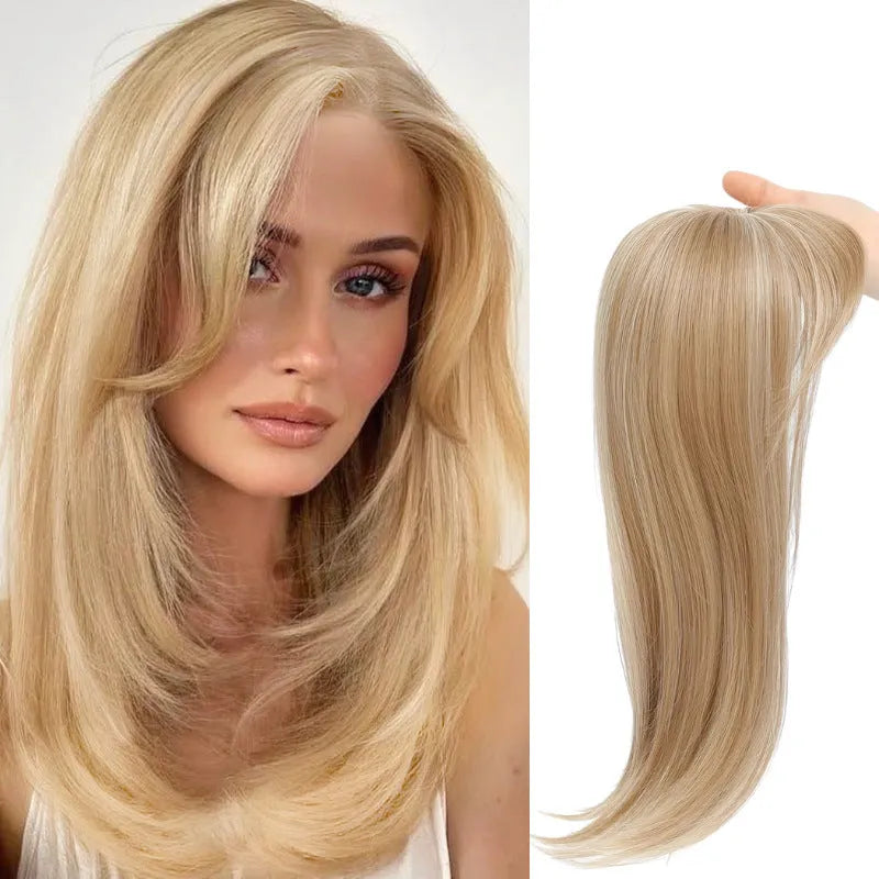 Synthetic clip-in hair extension wig with inner buckle, shown in one of six colour styles.