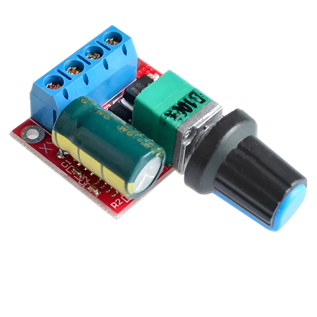 PWM DC motor speed governor module on a white background showing knob, terminals, and compact size.