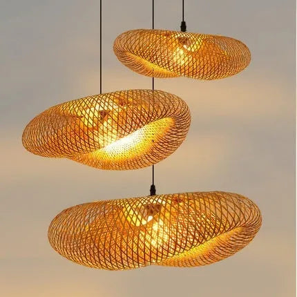 Bamboo hanging lamp with straw hat shape and 60cm diameter, made from natural rattan
