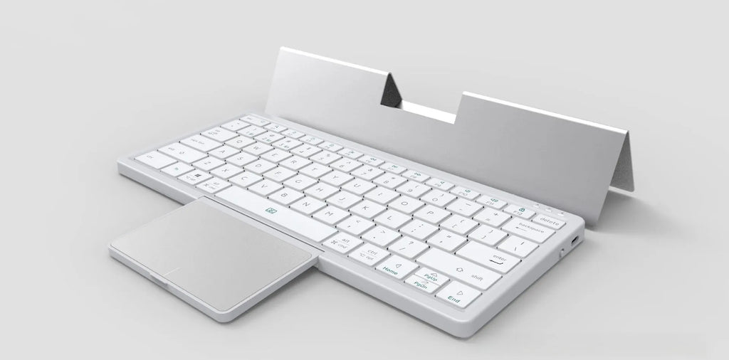 Three-in-one wireless Bluetooth keyboard with touch pad inside a leather sheath stand, shown next to a tablet.