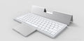 Three-in-one wireless Bluetooth keyboard with touch pad inside a leather sheath stand, shown next to a tablet.