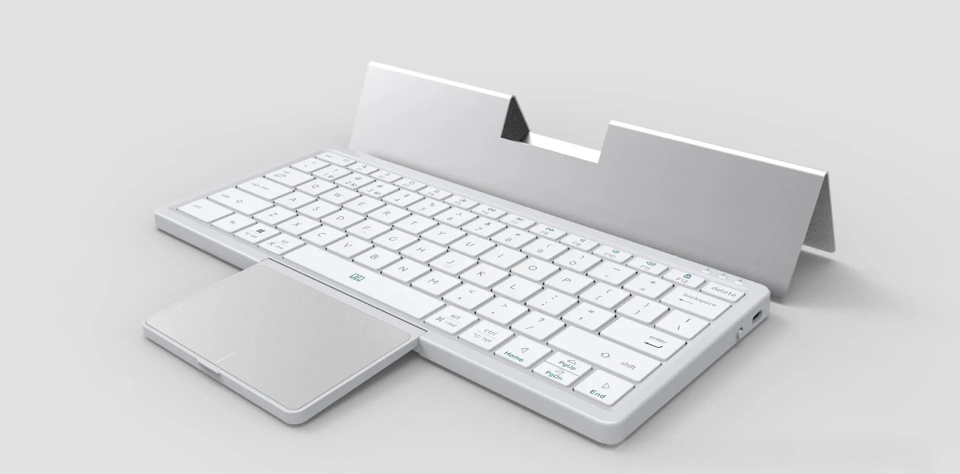 Three-in-one wireless Bluetooth keyboard with touch pad inside a leather sheath stand, shown next to a tablet.