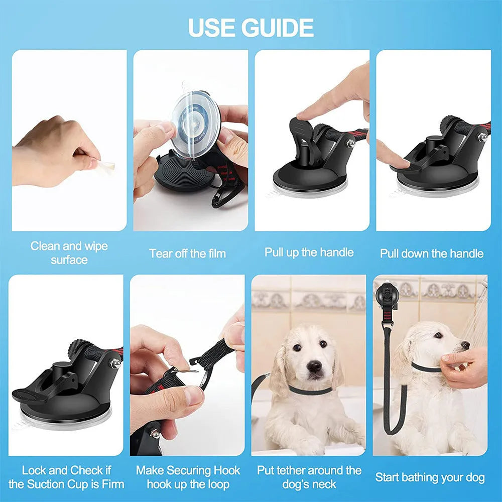 Black and blue pet bathing restraint with suction cup, rope, and anti-grab handcuffs shown in small and large sizes.