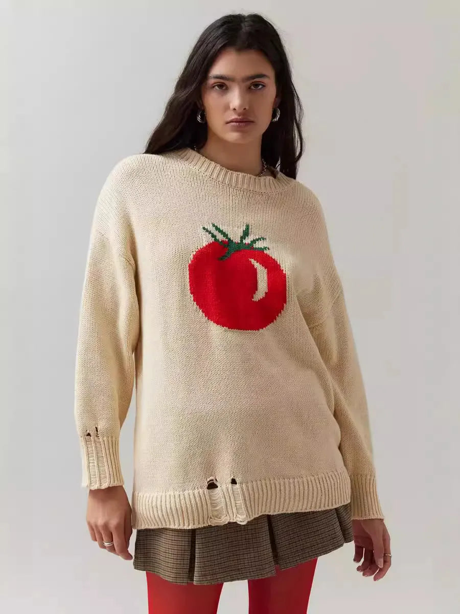Women's milky white acrylic Jacquard pullover sweater with round neck and long sleeves on a hanger.