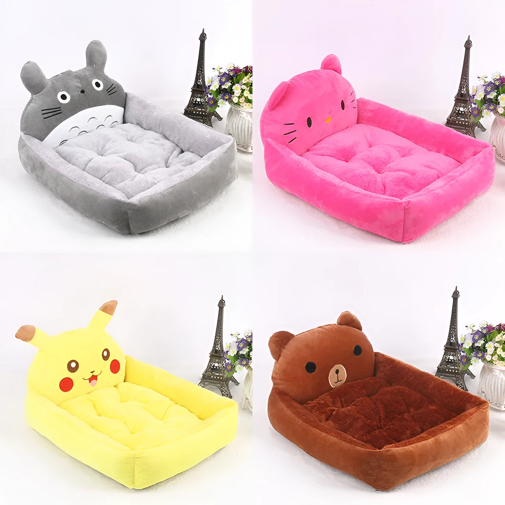 Blue cartoon-style soft plush pet bed sofa for a small dog, with raised sides.