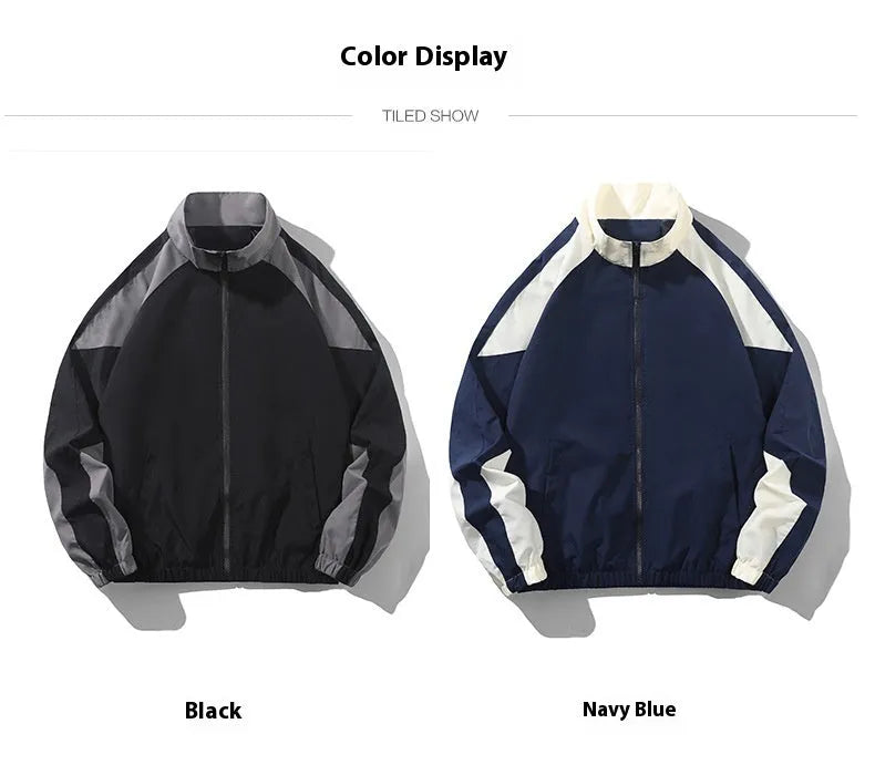 Men's loose fit casual jacket with contrast stitching and side pockets in black or dark blue.