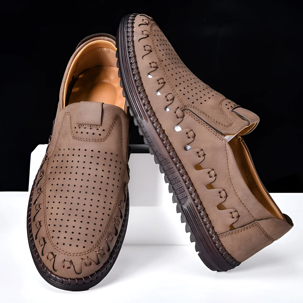 Men's brown handmade slip-on casual leather shoes with round toe and flat PVC sole