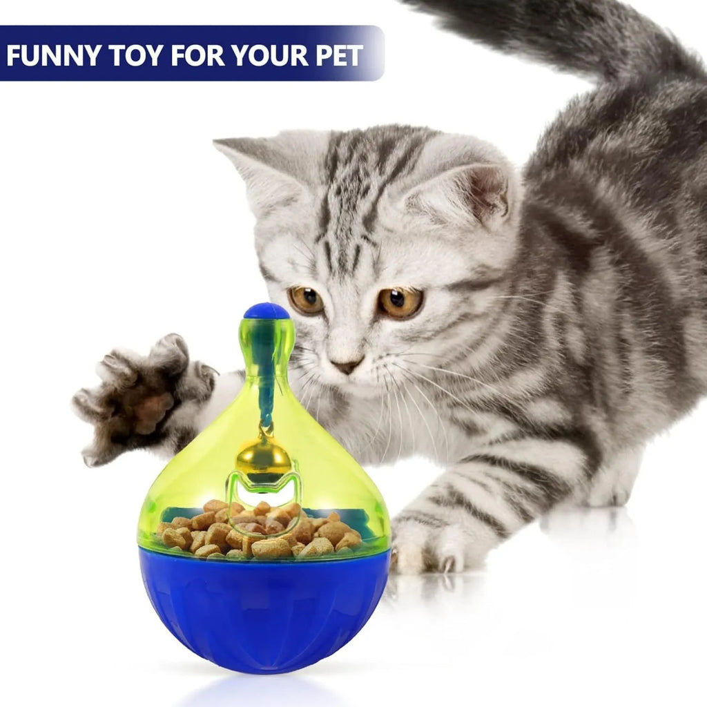 Blue tumbler-shaped pet treat dispenser ball for dogs and cats